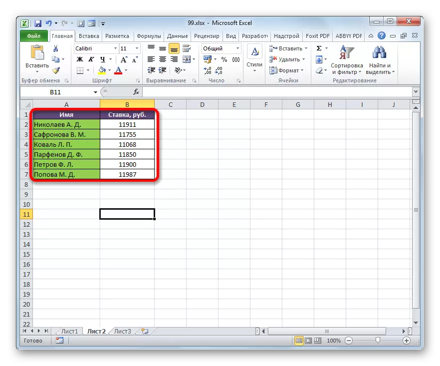 Table with employee rates in Microsoft Excel