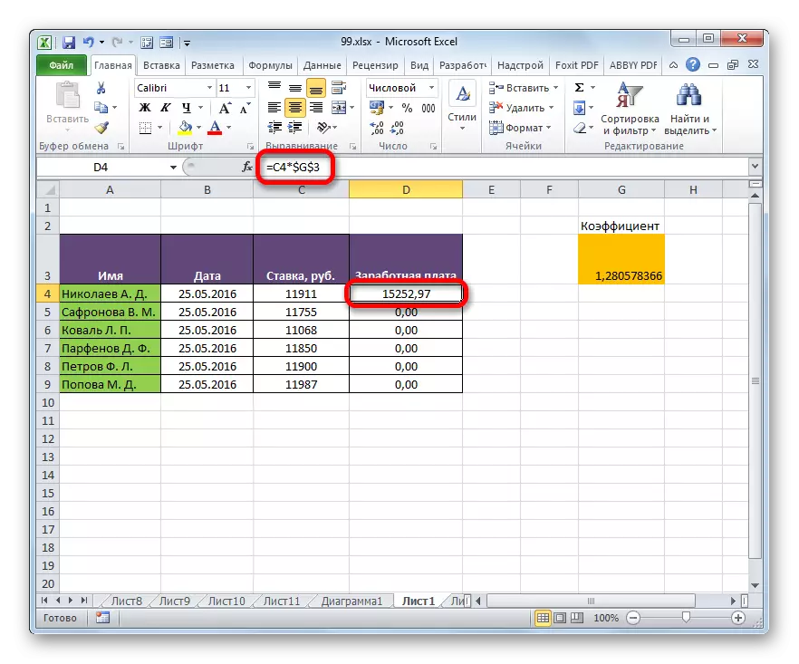 Другі множнік мае абсалютную адрасаванне ў Microsoft Excel