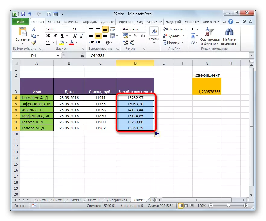 Obliczenia wynagrodzenia pracowników jest poprawnie wykonane przy użyciu mieszanych linków do Microsoft Excel