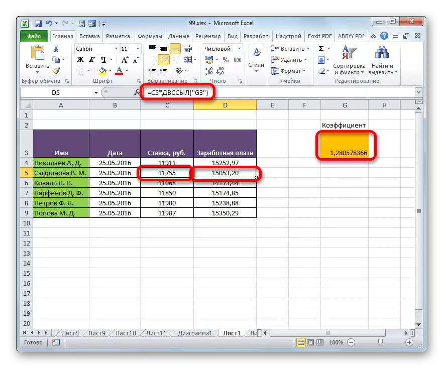 Microsoft Excel의 FVS 기능과 복사 된 수식을 표시합니다.