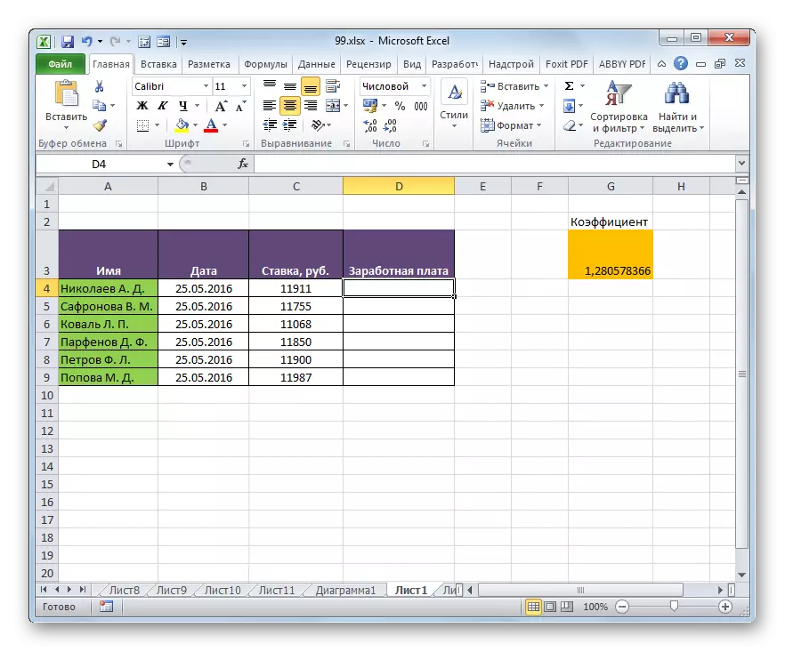 Табліца разлікаў заработнай платы супрацоўнікаў у Microsoft Excel