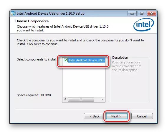Instalación de controladores de Android Intel Selección de compoñentes para a instalación