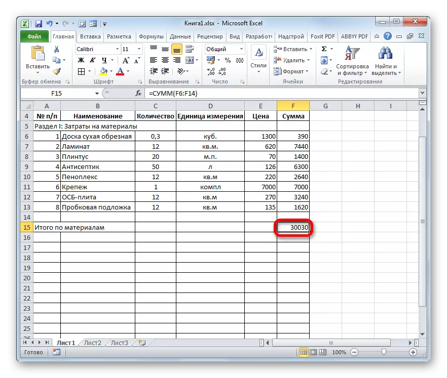 Izračun Avosumme v Microsoft Excel