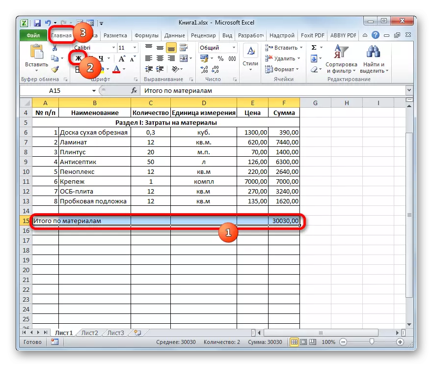 Ҳуруфи ғафс дар сатр комилан бар маводҳо дар Microsoft Excel