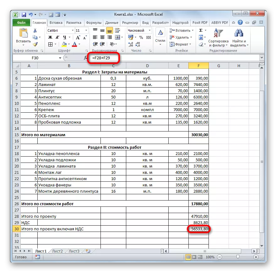 Rezultat izračuna skupnih stroškov projekta, vključno z DDV v Microsoft Excelu