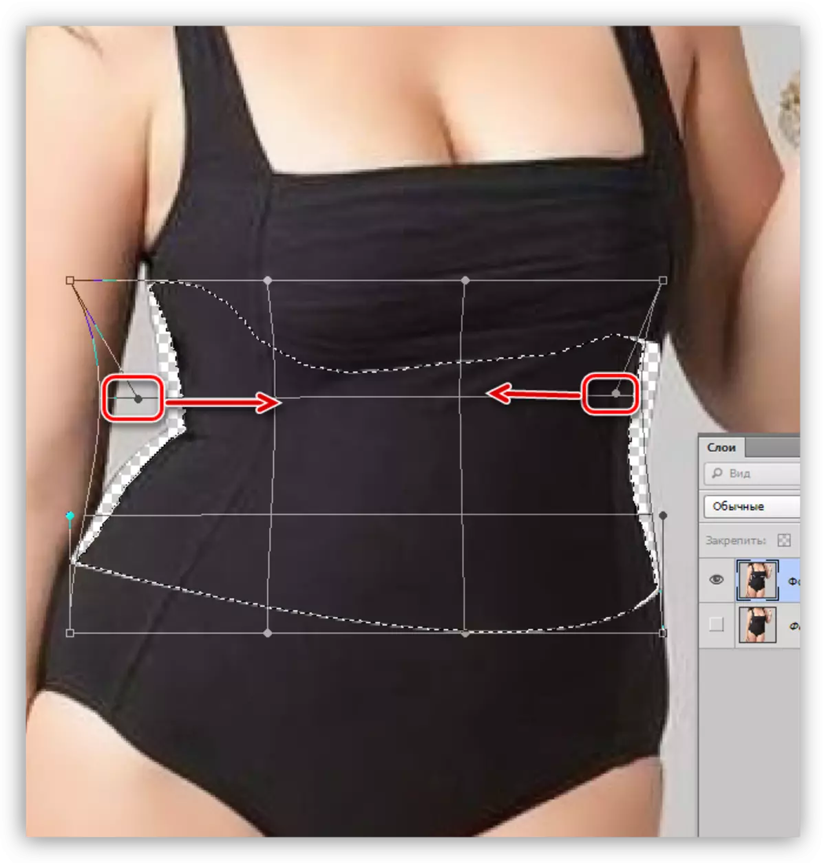 Compresión de seccións de imaxe cunha función de deformación para reducir a cintura en Photoshop