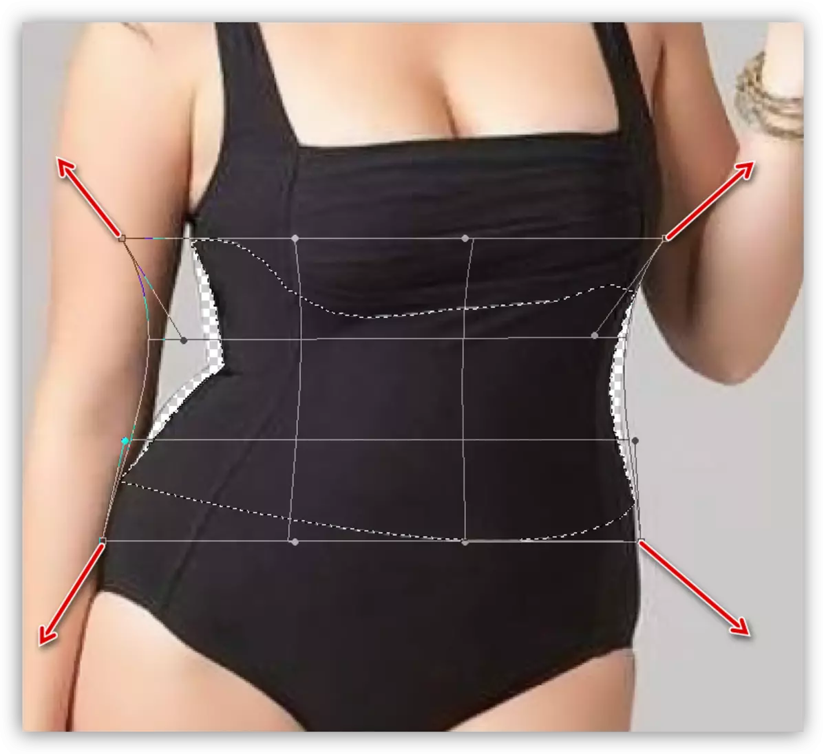 Restauración de seccións da imaxe coa función de deformación para reducir a cintura en Photoshop