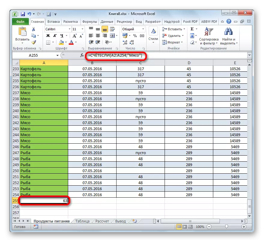 Výsledok výpočtu funkcie merača v programe Microsoft Excel