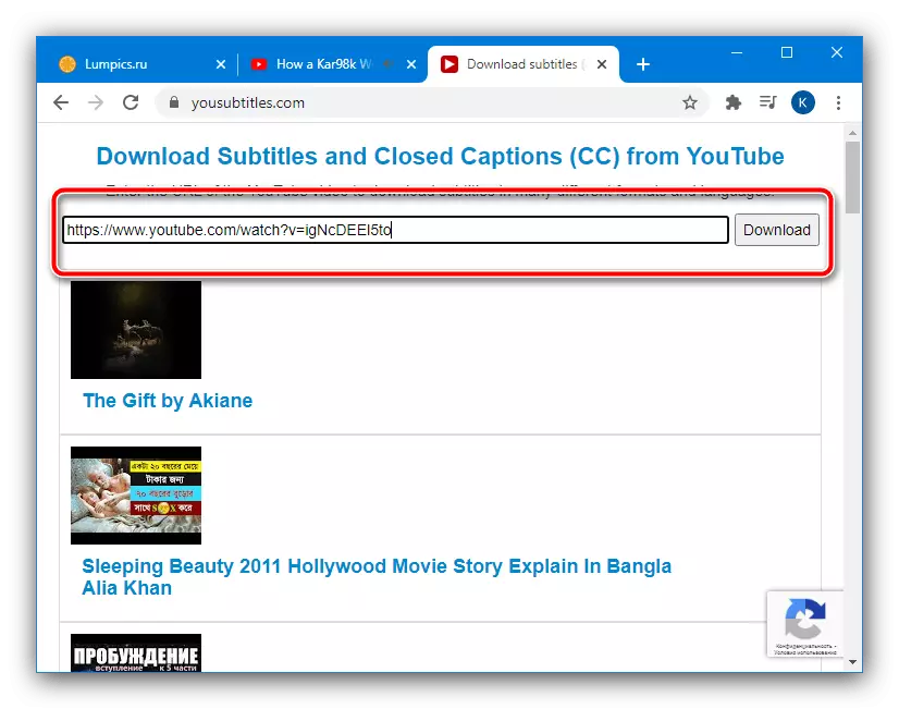 Masukkan video yang lebih dekat untuk mengunduh video dengan subtitle YouTube melalui layanan web