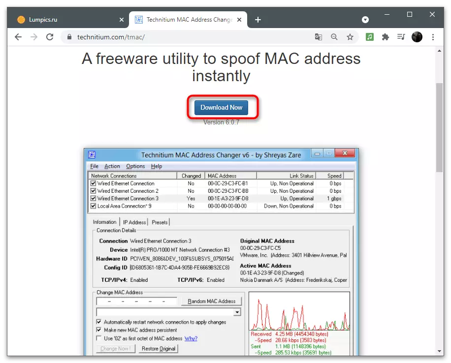 Hämtar ett program för att ändra datorns MAC-adress i Windows 10 via Technitium MAC-adressväxlare