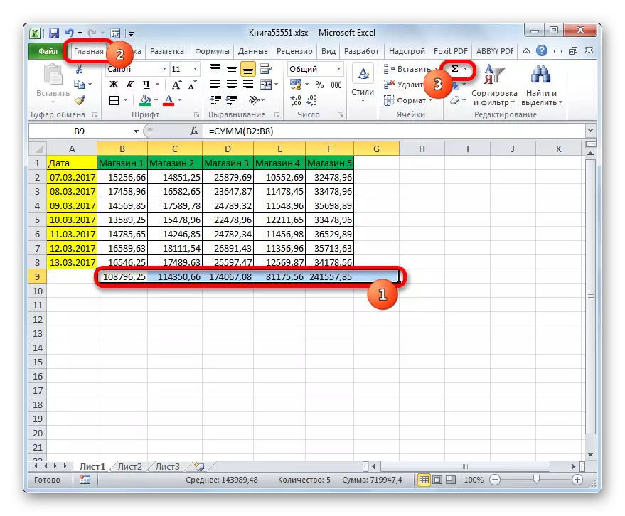 Microsoft Excel ရှိမော်တော်ဆိုင်ကယ် သုံး. ကော်လံများအားလုံးကိုအကျဉ်းချုပ်