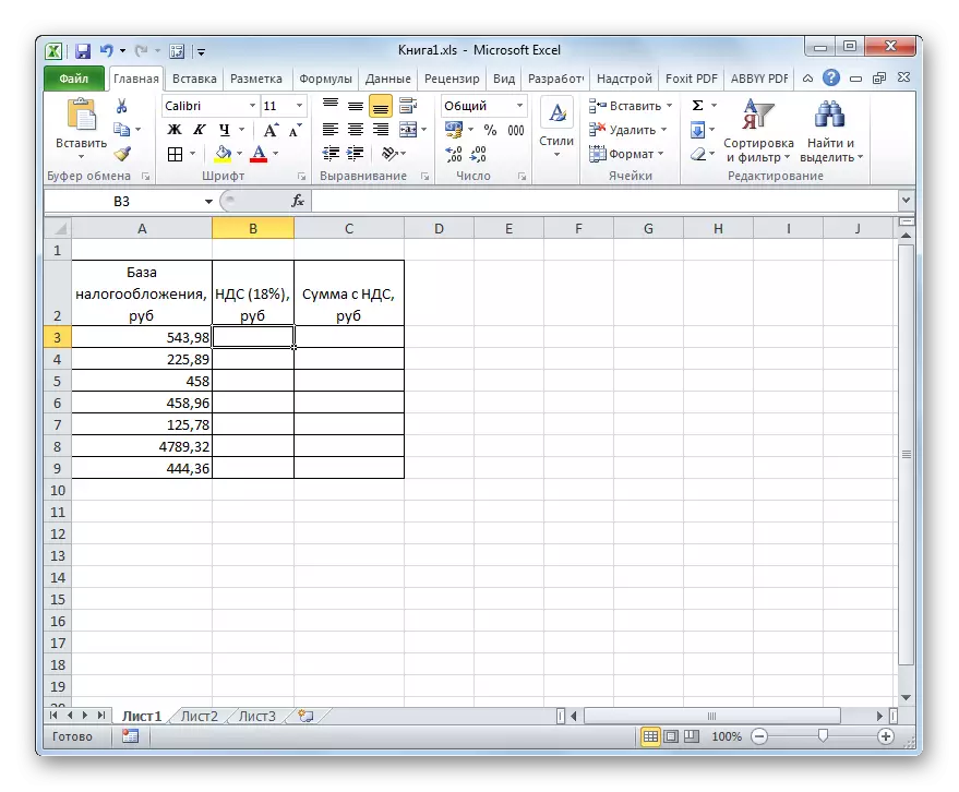 Tabell för beräkning av moms i Microsoft Excel