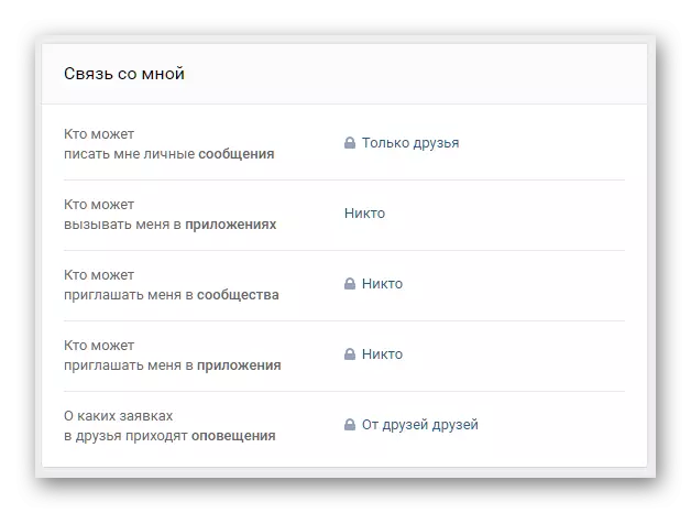 Iestatījumi Saziņa ar mani privātuma iestatījumos VKontakte