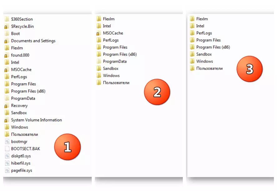 Zobrazení Exploreru s různými zobrazovacími nastaveními pro skryté položky v systému Windows 7