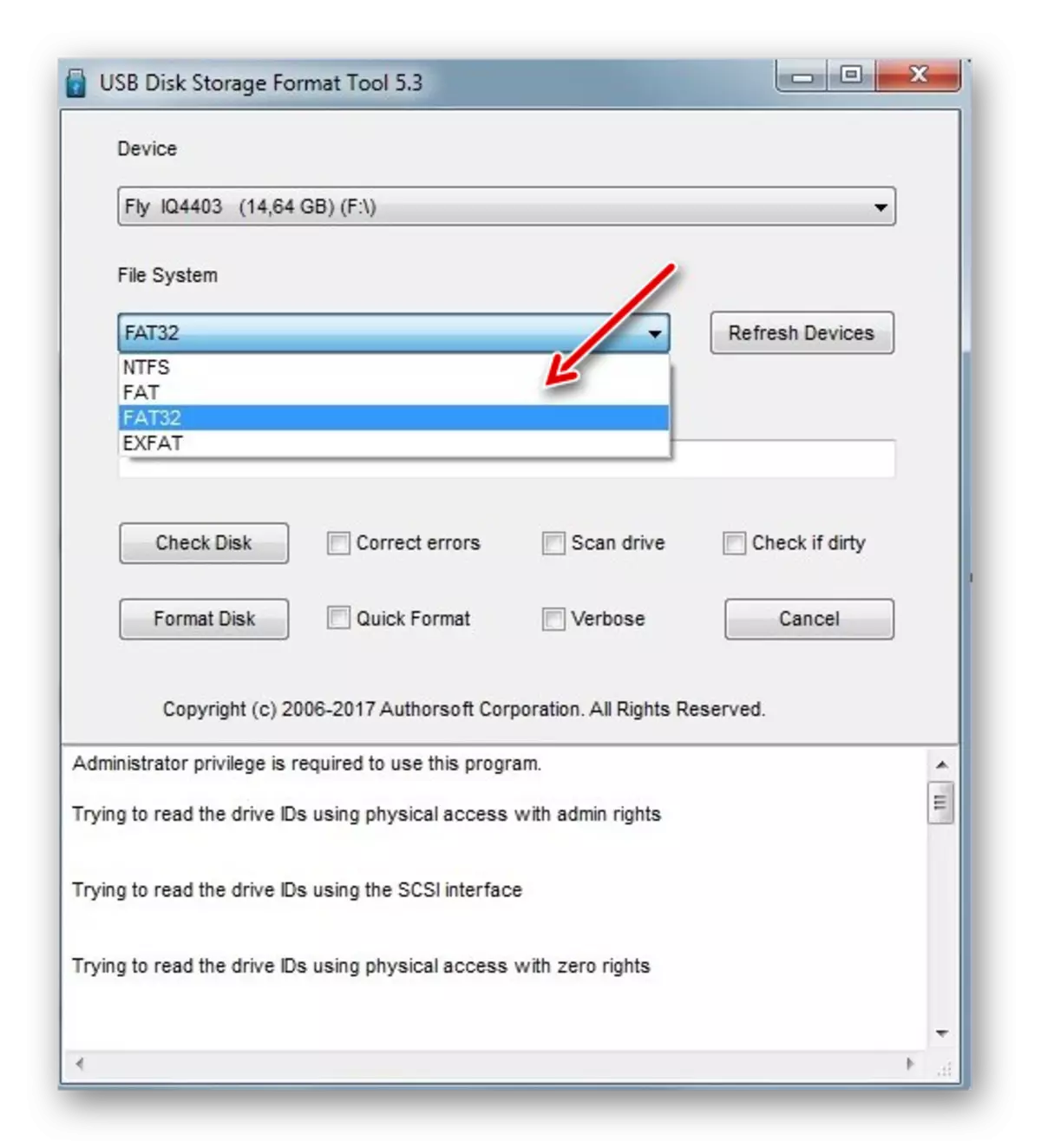 Wielt den HP USB Datei System Disk Späicherdatementsformat