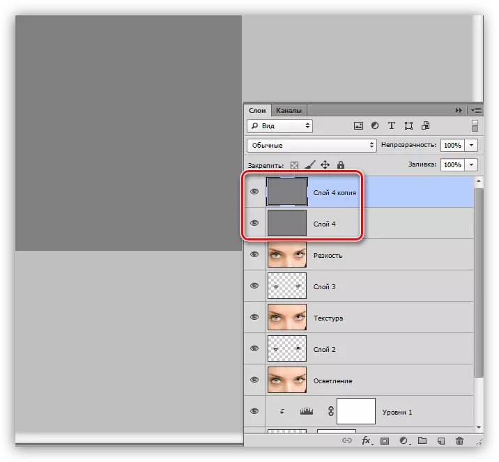 A copy of the layer with a pouring gray to enhance the volume when the eye is selected in Photoshop