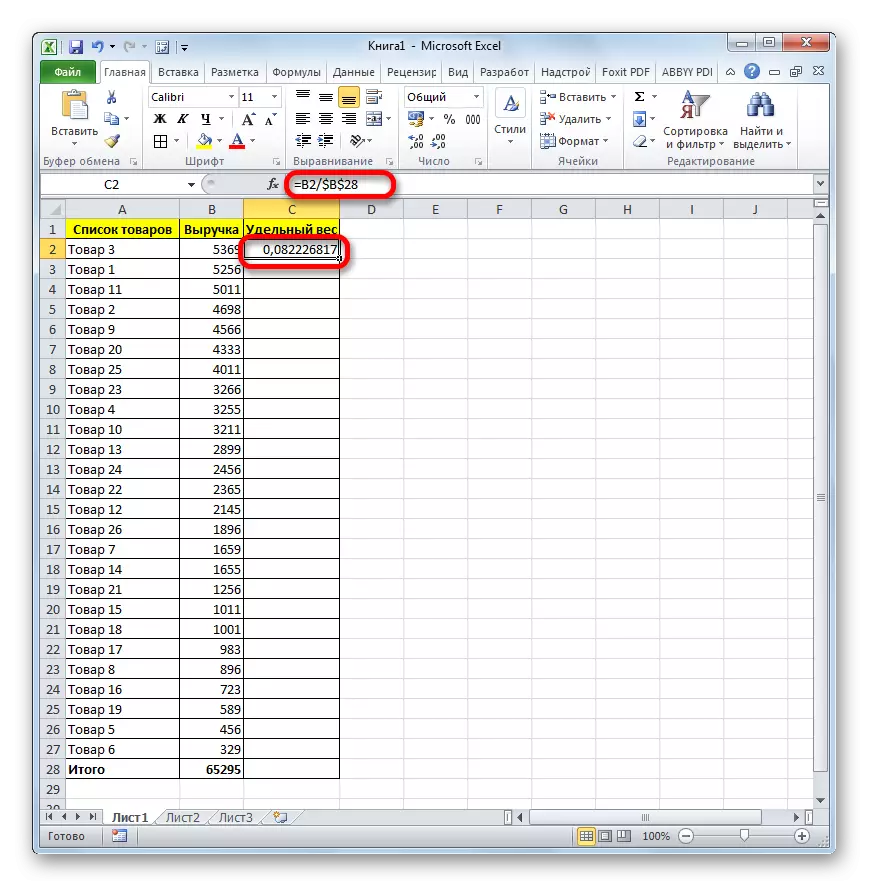 Удзельная вага для першага радка ў Microsoft Excel