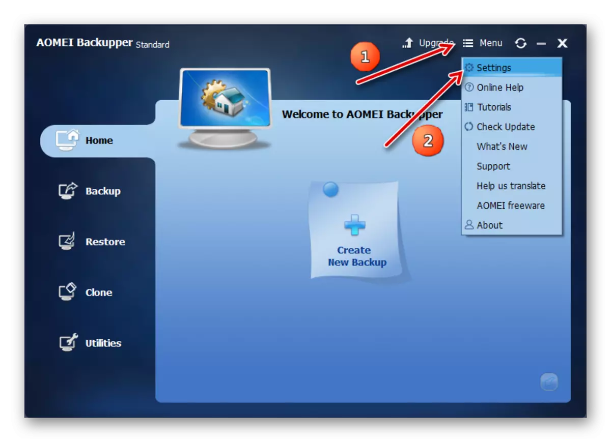 Pojdite na nastavitve Aomei Backupper iz glavnega okna v sistemu Windows 7