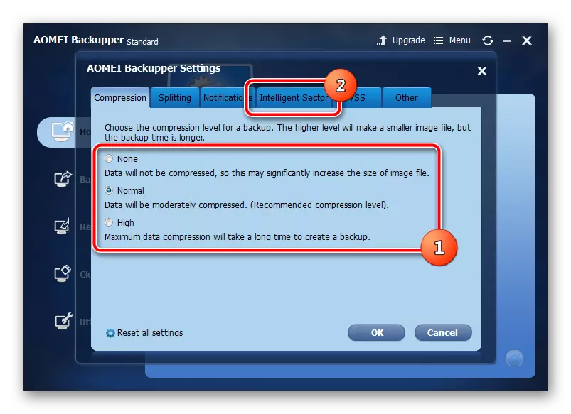 Налаштування стиснення резервної копії в AOMEI Backupper на ОС Windows 7