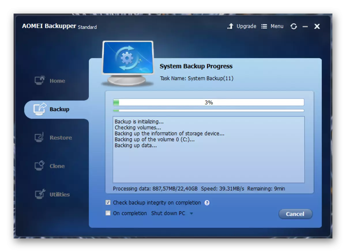 O proceso de creación dunha copia de seguridade da partición do sistema en Aomei Backupper en Windows 7