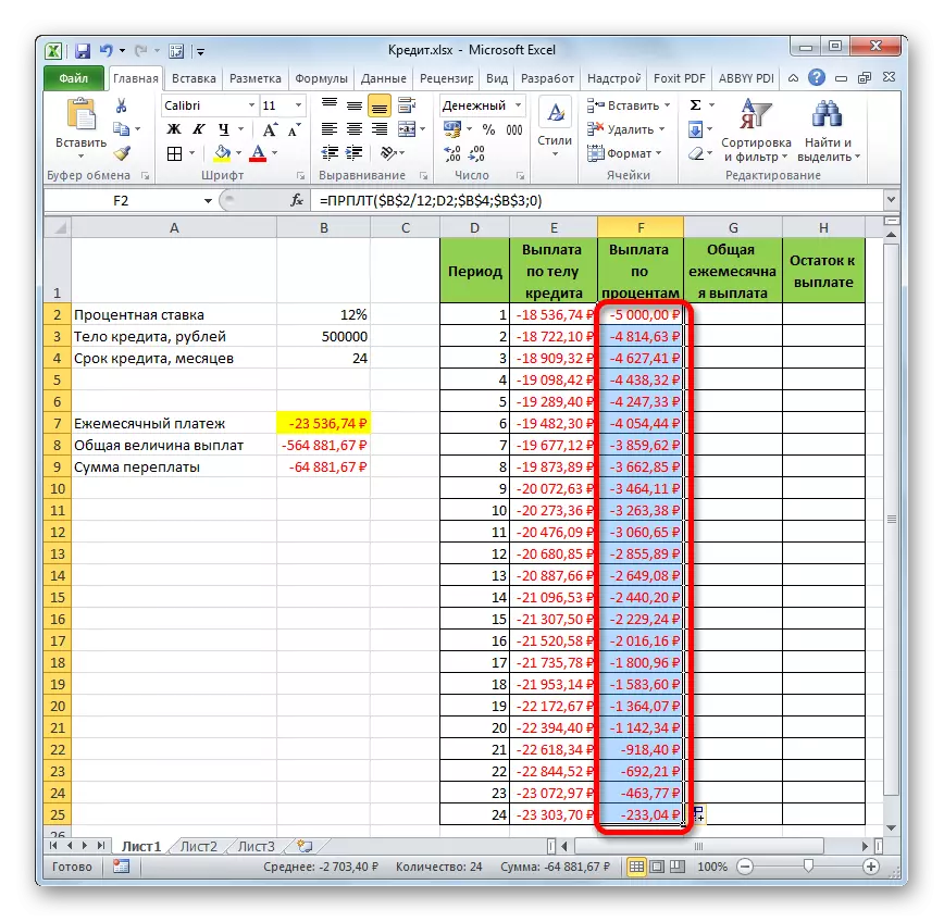 Bagan pembayaran persen untuk kredit di Microsoft Excel