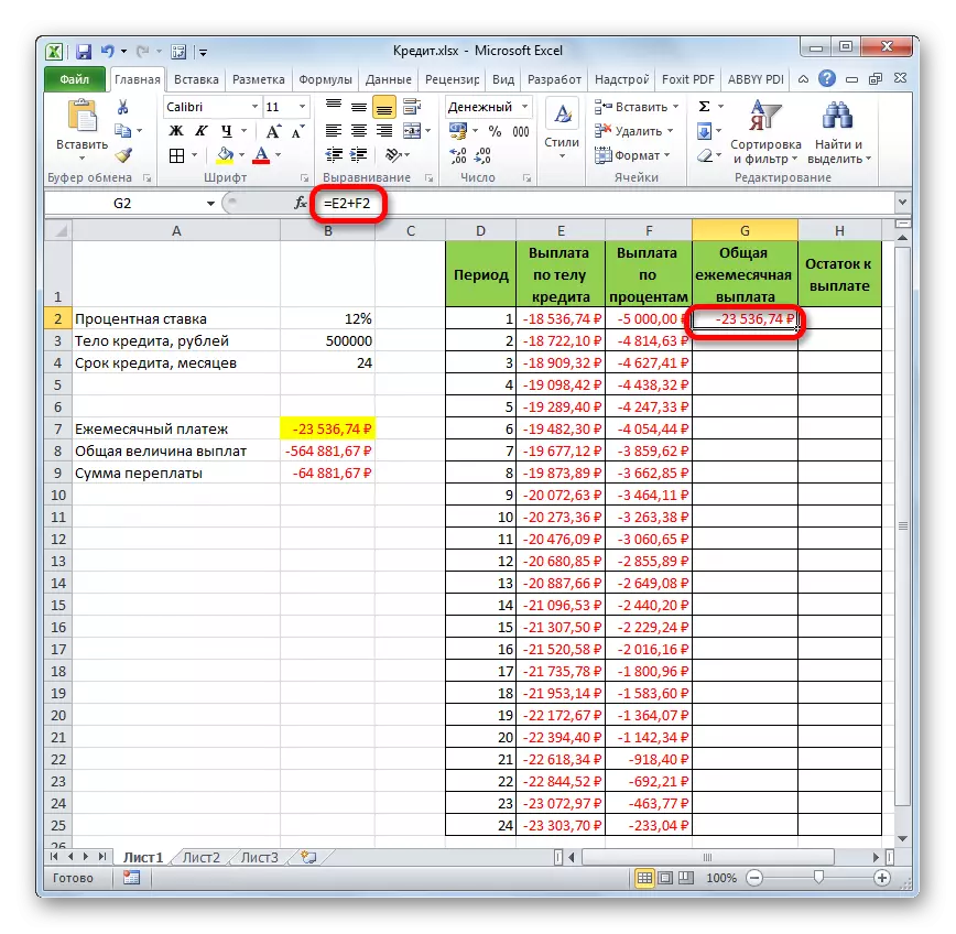 La kvanto de la tuta monata pago en Microsoft Excel