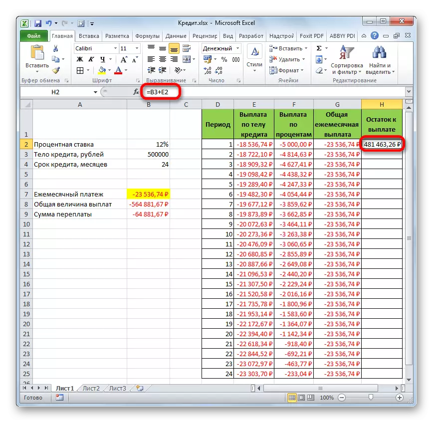 Баланс за плащане след първия месец на кредитиране на Microsoft Excel