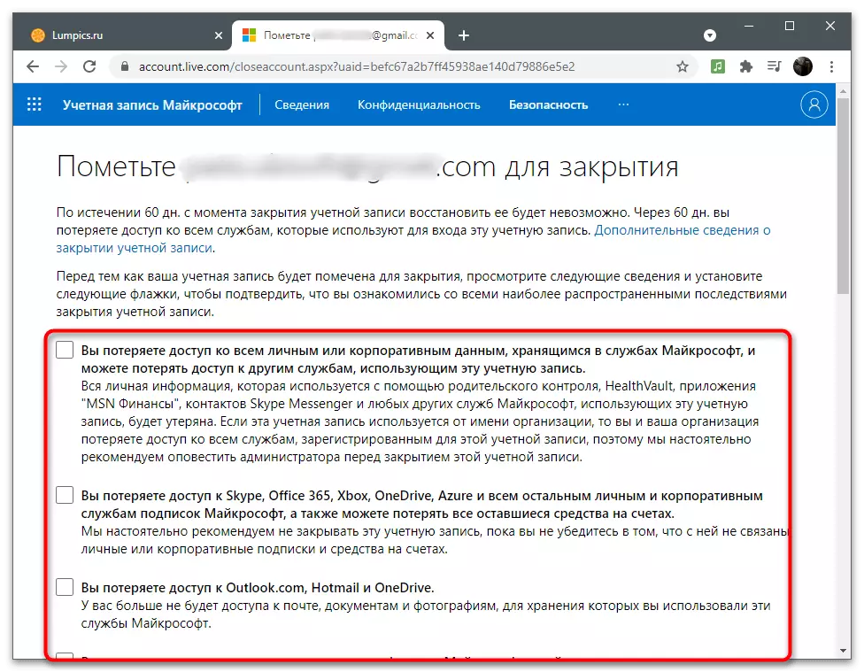 Konfirmasi informasi di situs untuk menghapus akun Microsoft sendiri