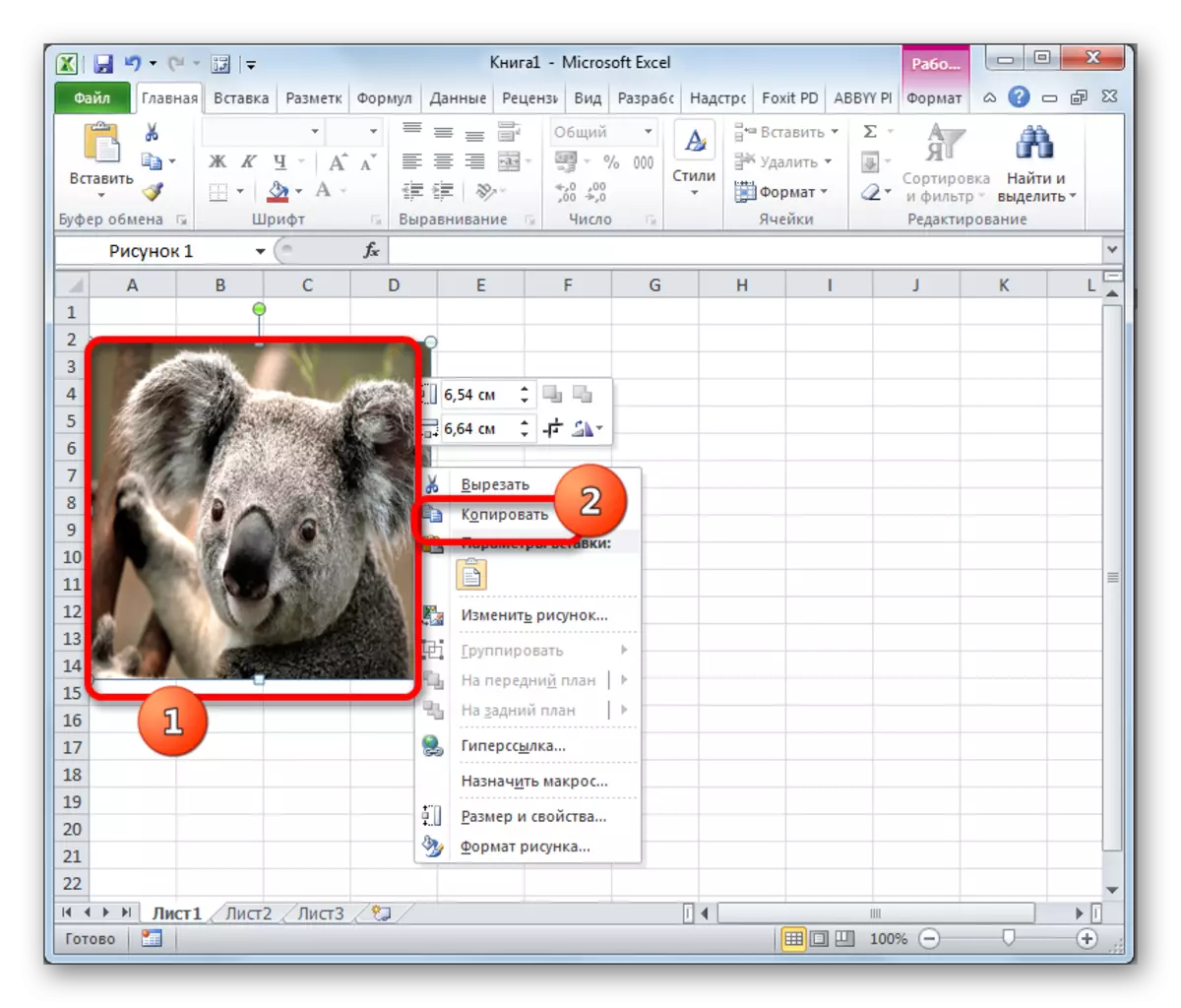 Copia a imaxe a través do menú contextual en Microsoft Excel