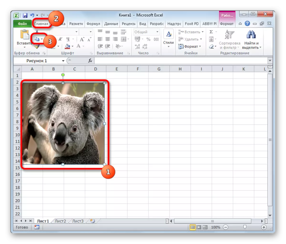 Copia a imaxe usando o botón de cinta en Microsoft Excel