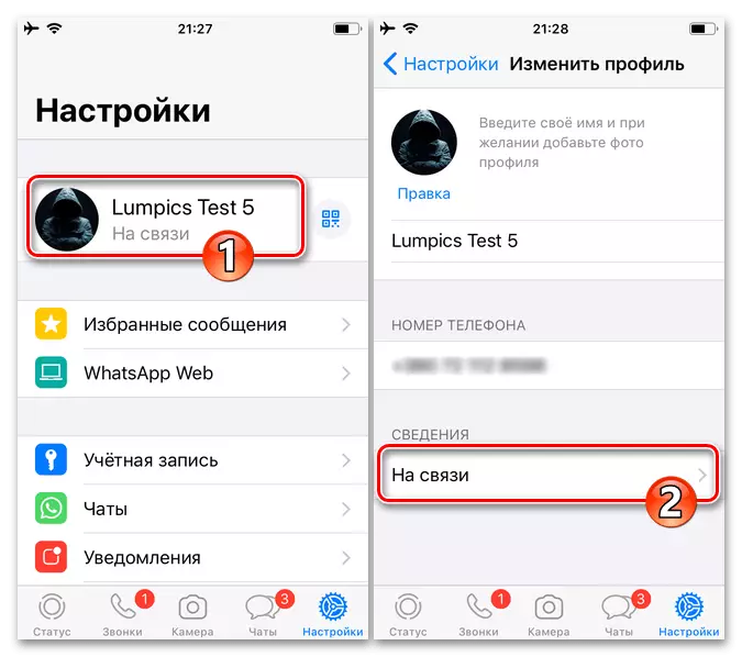 Whatsapp pentru setările iPhone - Messenger - mergeți la editarea stării dvs. de text în serviciu