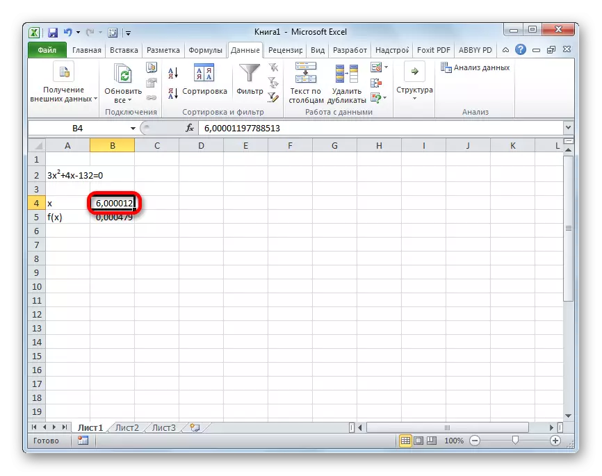 A Microsoft Excel egyenletének gyökerének kiszámításának eredménye