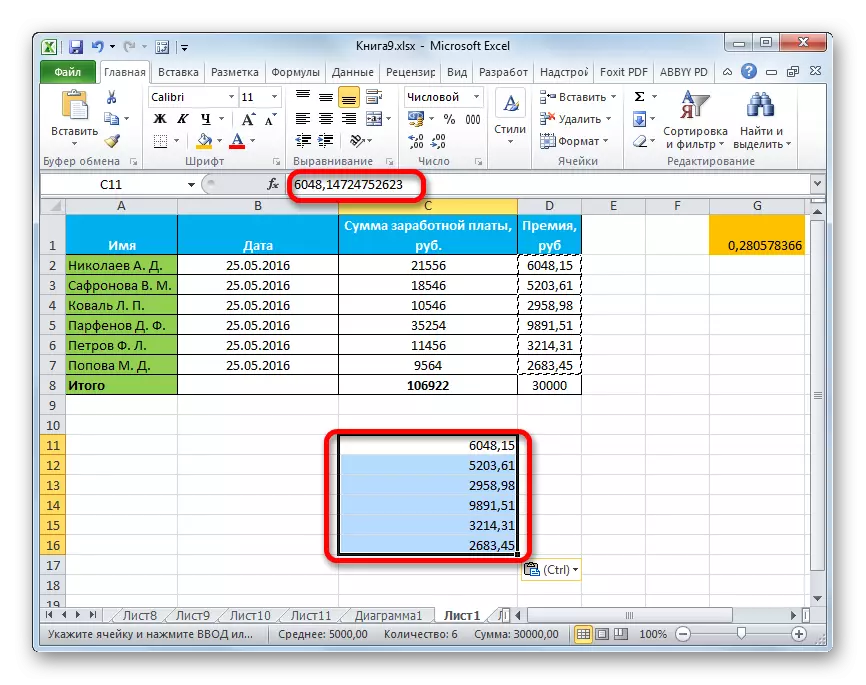 Hodnoty sú vložené do programu Microsoft Excel