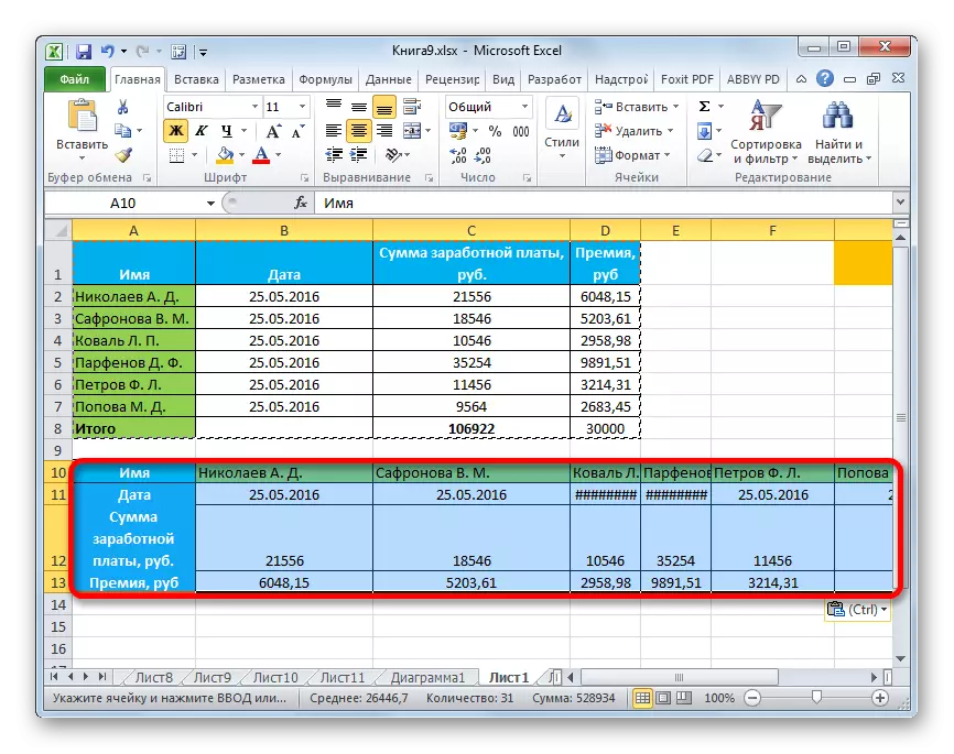 Táboa transpostada en Microsoft Excel