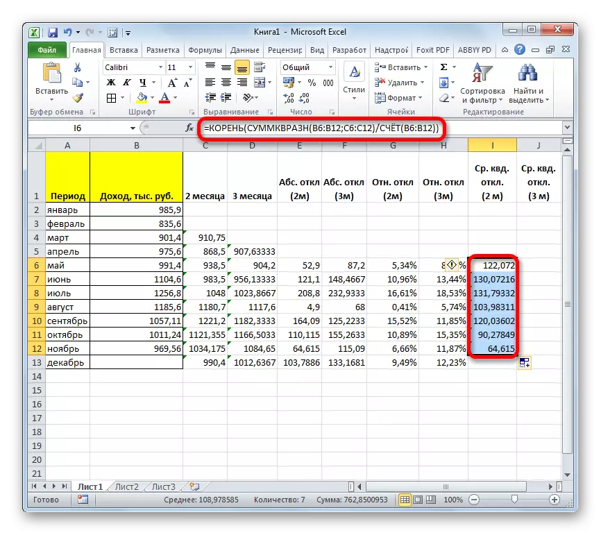 A középső kvadratikus eltérés kiszámítása a Microsoft Excelben