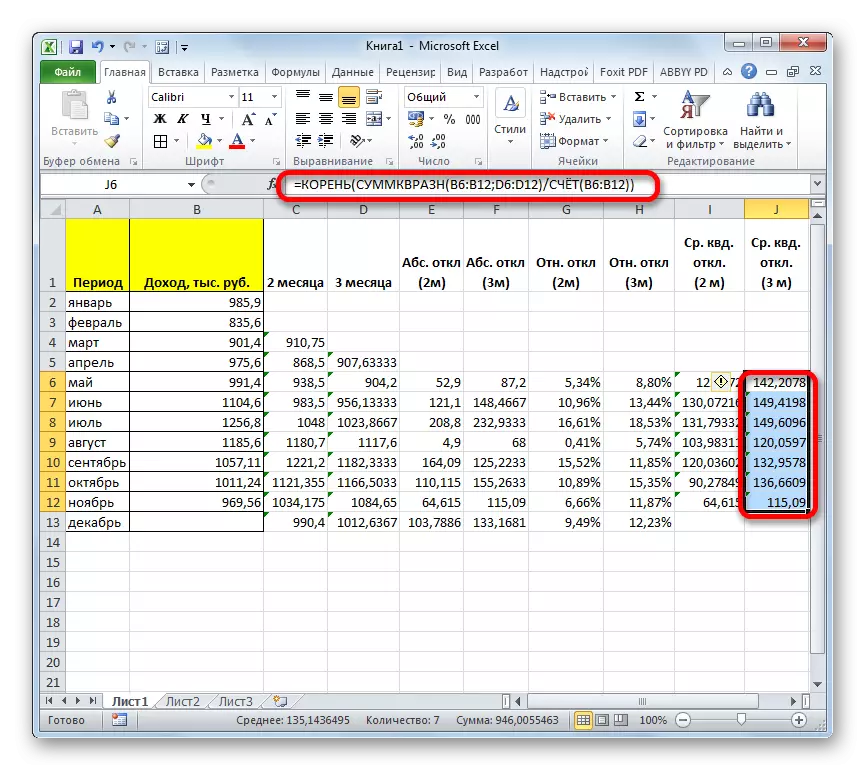 Microsoft Excelでの3ヶ月間の移動平均に対する平均二次偏差の計算