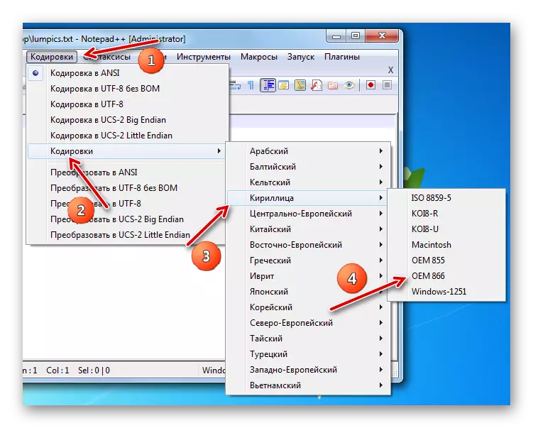 Зміна кодування документа в розширеному текстовому редакторі notepad ++ на комп'ютері в операційній системі Windows 7