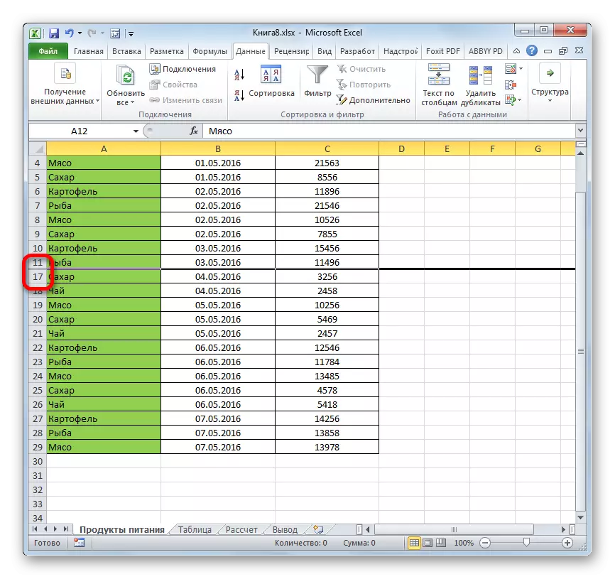 Redovi su skriveni kroz kontekstni izbornik u programu Microsoft Excel