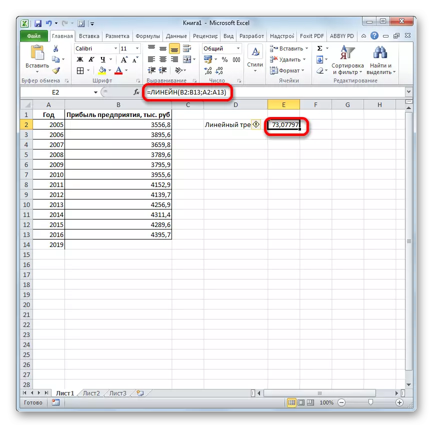 Resultaat Functie Linene in Microsoft Excel