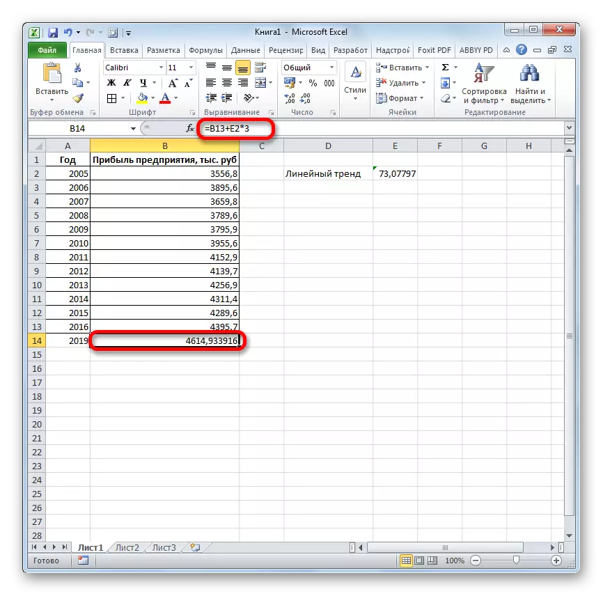 Pengiraan akhir fungsi Linene dalam Microsoft Excel