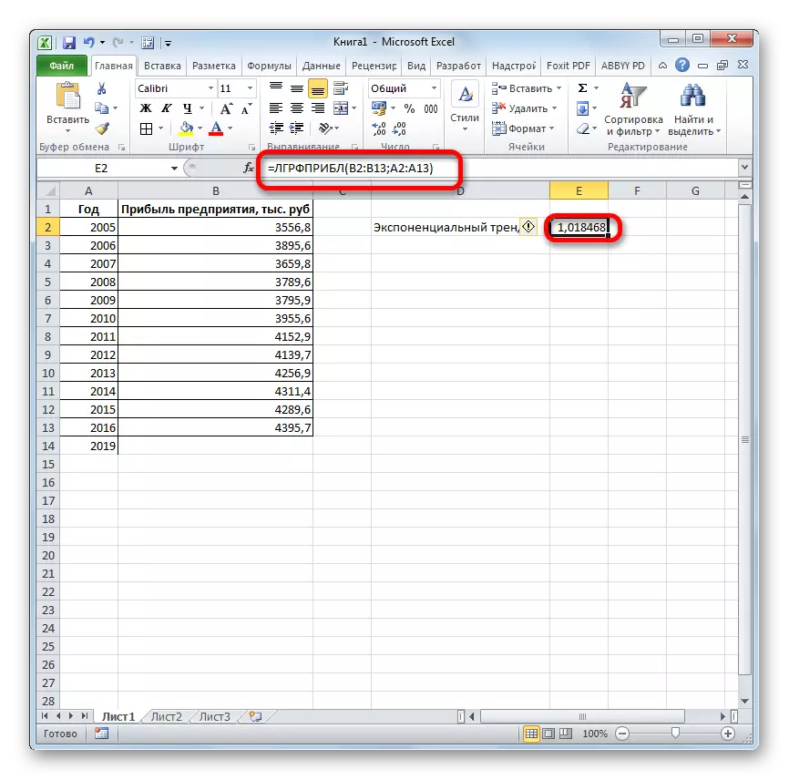 Resultaat van de LGRFBLE-functie in Microsoft Excel