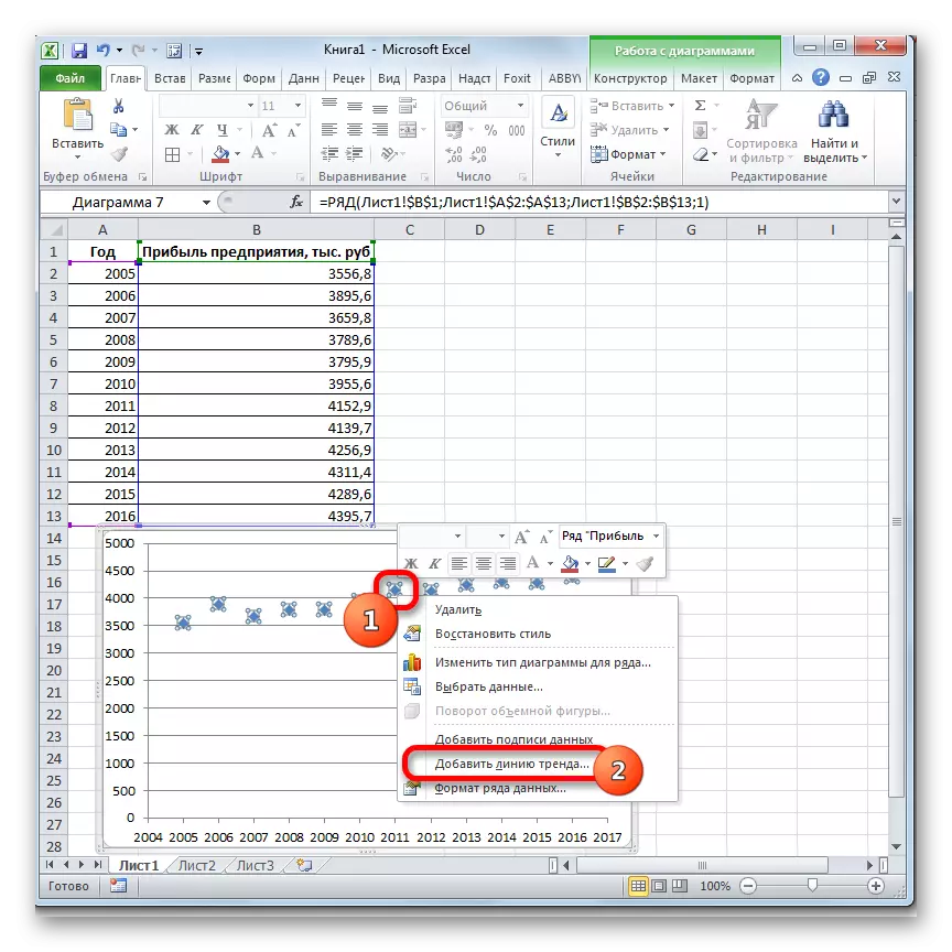 Microsoft Excel bir trend xətti durub