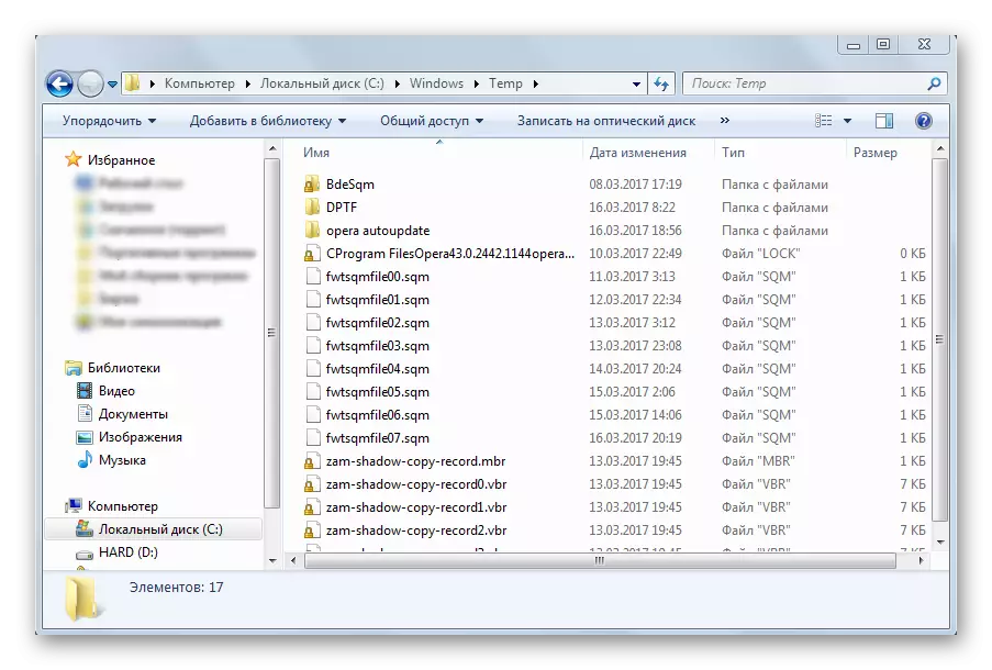 TEMP-mappe med midlertidige filer i dirigenten i Windows 7-operativsystemet
