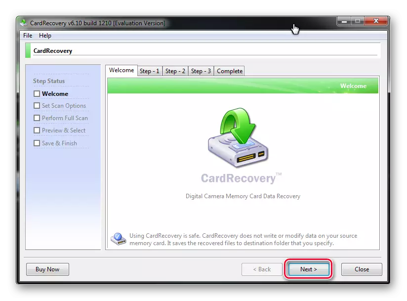 стартавы экран у праграме CardRecovery