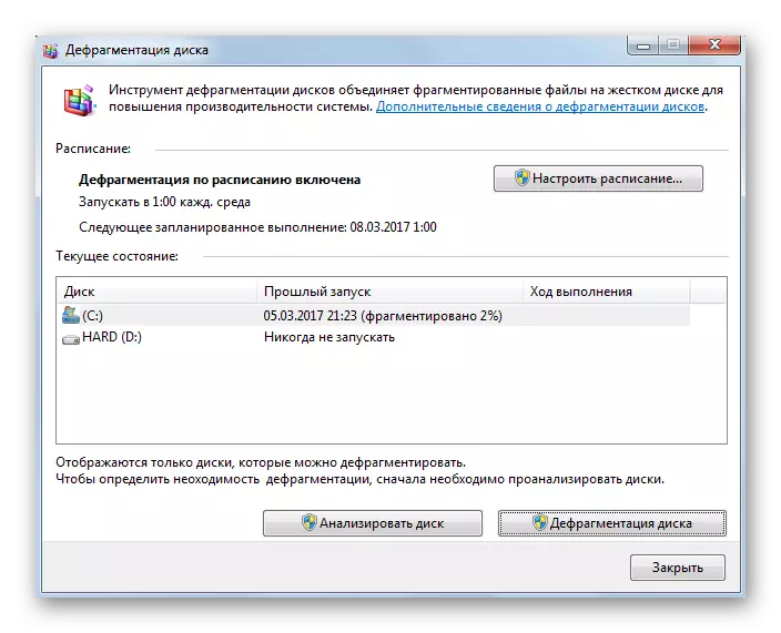 Windows 7オペレーティングシステムのコンピュータ上のディスクデフラグツールウィンドウ