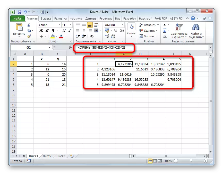 Jarak matriks ing Microsoft Excel