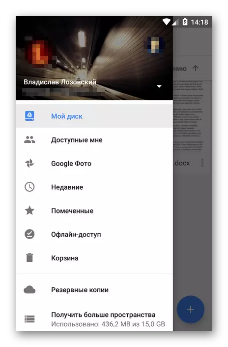 Side menüü Google Disk Android