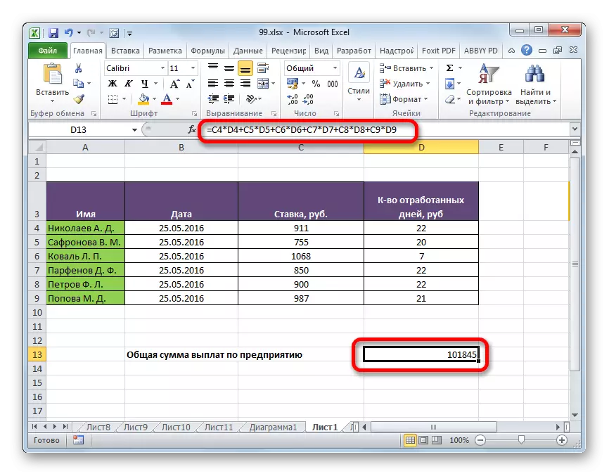 Il risultato del calcolo della formula della quantità di lavori con i riferimenti a Microsoft Excel