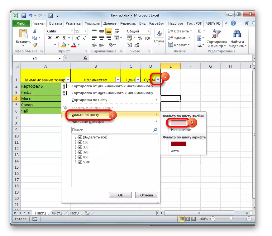 Accensione dell'ordinamento del colore in Microsoft Excel