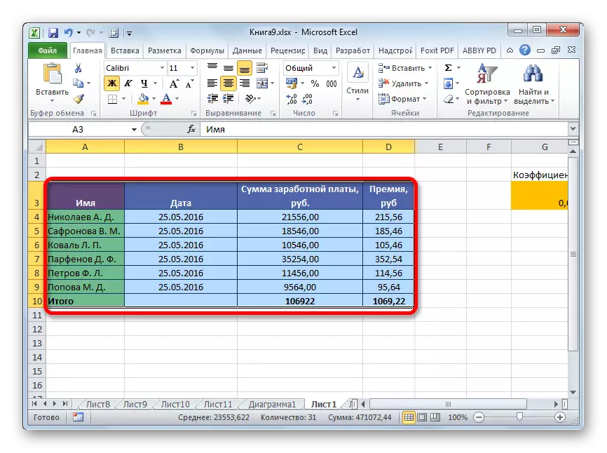 Простае вылучэнне табліцы ў Microsoft Excel